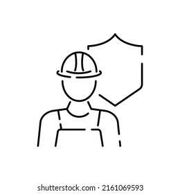 Workers insurance. Construction workers in hard hat and jumpsuit, builders in uniform, contractor man, manual labor, vector mono line icon. Save and protect