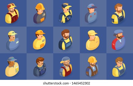 Workers isometric icons. Builder symbols isolated on blue. Flat 3d isometric projection. Repair service worker icon set.  Creative people collection.