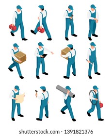 Workers isometric icons set with male characters in uniform with tools in different poses isolated vector illustration