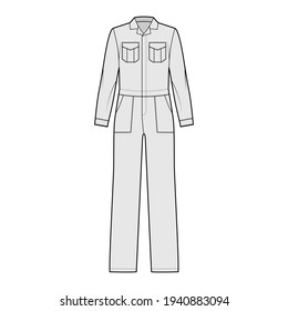 Workers jumpsuit overall technical fashion illustration with full length, normal waist, flap square pockets, hide placket closure. Flat front, grey color style. Women, men unisex CAD mockup