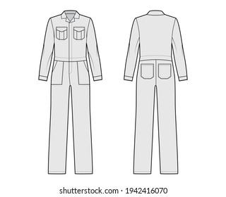 Workers jumpsuit overall technical fashion illustration with full length, normal waist, flap square pockets, hide placket closure. Flat front back, grey color style. Women, men unisex CAD mockup