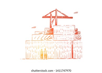 Workers keeping records in dock, warehouse facility job, crane loading shipping containers, sorting freight for cargo shipping. Freight transportation concept sketch. Hand drawn vector illustration