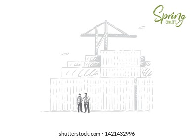 Workers keeping records in dock, warehouse facility job, crane loading shipping containers, sorting freight for cargo shipping. Freight transportation concept sketch. Hand drawn vector illustration