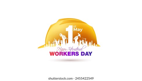 Workers, Labor celebrating, cheering and safety helmet, background. May 1st, International Labor Day, industrial workers theme.