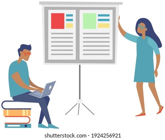 Los trabajadores con laptop se comunican, resuelven problemas de desarrollo de negocios, colaboración y discusión, informe de negocios en el tablero de presentación. Concepto de trabajo en equipo. Trabajo conjunto de ilustración de vector en la empresa