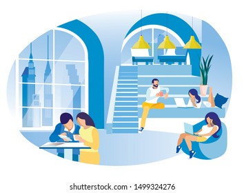 Workers with Laptops and Coffee Cups. Coworking Center Workers with Laptops and Coffee Cups. Coworking Center. Vector Illustration. Favorable Workflow in Office. Communicate in Office. Coffee Break.