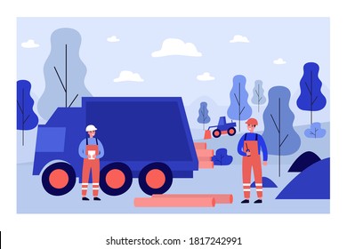 Workers laying pipelines. Man in hardhats and overalls working onsite near truck and pipes flat vector illustration. Engineering, gas transfer concept for banner, website design or landing web page