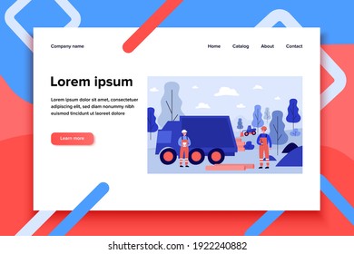 Workers laying pipelines. Man in hardhats and overalls working onsite near truck and pipes flat vector illustration. Engineering, gas transfer concept for banner, website design or landing web page