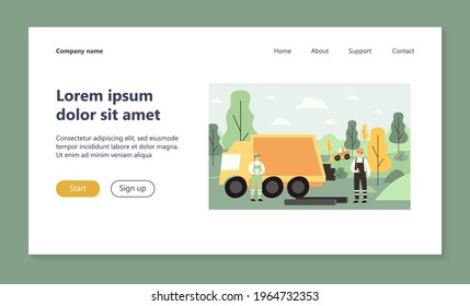 Workers laying pipelines. Man in hardhats and overalls working onsite near truck and pipes flat vector illustration. Engineering, gas transfer concept for banner, website design or landing web page