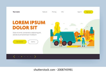 Arbeiter, die Pipelines legen. Mann in Harthüten und Overalls arbeiten vor Ort bei LKW und Rohren flache Vektorgrafik. Ingenieurwesen, Gasübertragungskonzept für Banner, Website-Design oder Landing-Webseite