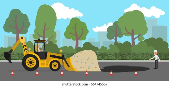 Workers are leveling a pit on the road with rubble. Vector illustration, flat style design.