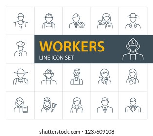 Workers line icon set. Maid, librarian, practitioner, banker, chef. Occupation concept. Can be used for topics like work, vocation, employees