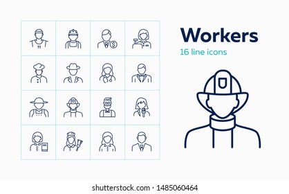 Workers line icon set. Maid, librarian, practitioner, banker, chef. Occupation concept. Can be used for topics like work, vocation, employees