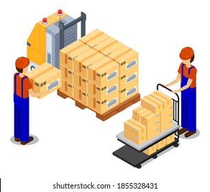 Workers loading boxes at forklift with pallet with card boxes. Postal transportation. Man with cart and boxes, logistic delivery transport. Cartoon illustration of delivery service. Isometric 3d