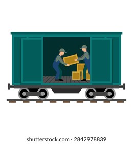Workers loading cardboard boxes into a green railway boxcar
