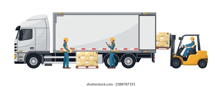 Workers loading a container truck with a forklift with a pallet of stacked boxes. Forklift driving safety. Cargo and shipping logistics. Industrial storage and distribution of products
