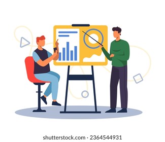 Arbeiter, die sich Diagramme anschauen, Geschäftsprojekte studieren. Business Center Konzept. Moderne Online- und Live-Kommunikation. Farbige flache Vektorgrafik im Cartografik-Stil