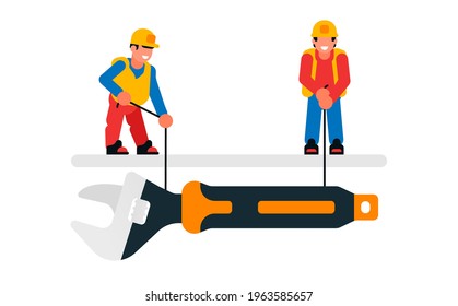 Workers lowering a large wrench. Builders and wrenches, tools, repairs, maintenance. Isolated vector illustration on white background