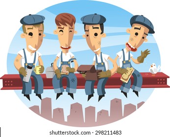 Workers lunching on a crossbeam vector cartoon illustration