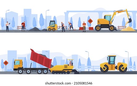 Workers with machinery doing road repair set vector flat illustration. Male industrial staff constructing asphalt cover surface highway on city silhouette. Drilling machine, bulldozer, caution sings