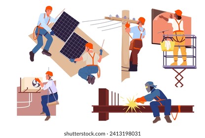 Trabajadores del servicio de mantenimiento y reparación en el trabajo a la altura de la ilustración vectorial. Ingenieros aislados de dibujos animados instalan un aparato de aire acondicionado y un panel solar, reparando líneas de alimentación, soldadura de torres metálicas