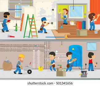 workers make repairs in the apartment. team of builders do repairs in the house. vector illustration.