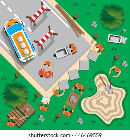 The workers make the road. View from above. Vector illustration.