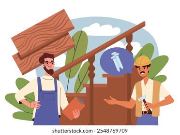 Los trabajadores hacen escaleras. Hombres en uniforme con martillo y clavos. Manitas instalan escalera de madera en casa. Renovación y reparación. Ilustración vectorial plana aislada sobre fondo blanco