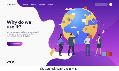 Workers making business trips. Planet, destination, suitcase. Business concept. Vector illustration for webpage, presentation, poster