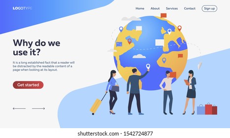 Trabajadores haciendo viajes de negocios en todo el mundo. Planeta, destino, maleta. Concepto de eficiencia. La ilustración vectorial puede utilizarse para temas como negocios, trabajo, administración de tiempo