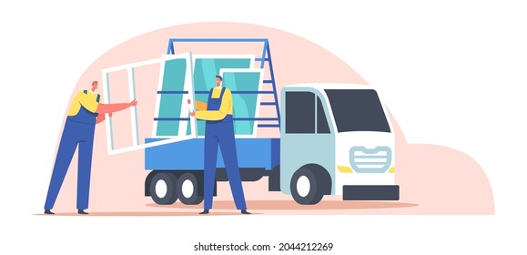 Workers Male Characters Loading Pvc Windows on Stationary Semi Truck with Glass Rack for Pane Transportation. Delivering Service, Construction and Repair Works. Cartoon People Vector Illustration