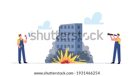 Workers Male Characters in Uniform with Loudspeaker and Spyglass Looking on TNT Explosion Controlled Building Demolition. Workers Remove Old House Using Detonation. Cartoon People Vector Illustration