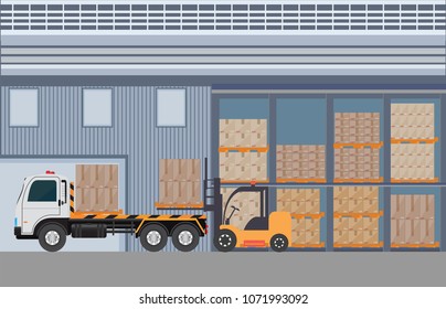 Workers man loading the truck with pallets of goods at the industrial warehouse with a forklift truck, freight transportation, shipment and logistics vector illustration.