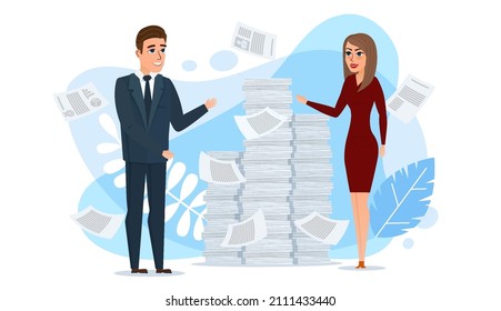 Workers man and woman engaged in work with documents on the background of large stacks of papers. Paper work. People business concept. Cartoon flat vector illustration isolated on white.