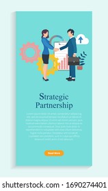 Workers man and woman shaking hands, strategic partnership online. Business cooperation, graph report, connection and development icons vector. Webpage or website template, landing page flat style