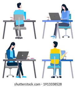 Workers man and woman working with laptop and discussing, workplace and employee, partnership. Vector tables and computers, teamwork brokers cooperation