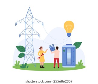 Workers manage energy systems with a giant power line, battery, and lightbulb. One worker uses a calculator, another holds a wrench, highlighting efficient energy management vector illustration