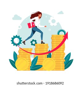 workers, managers, woman, businessmen running up the career stairs of money. Business goal achievement, career ladder progress, and advancement, Career growth, salary increase. Vector illustration