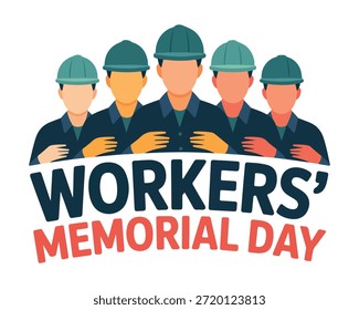 Workers' memorial day commemoration with five industrial laborers in safety helmets