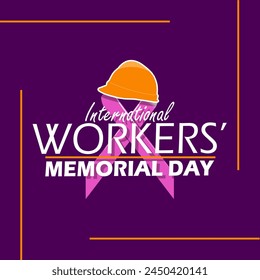 Workers' Memorial Day event banner. A worker's helmet with a purple ribbon and bold text on dark purple background to commemorate on April 28th