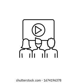 Trabajadores, hombres, mujeres, presentación, ícono de video. Línea simple, esquema vectorial elementos de trabajo en equipo para ui y ux, sitio web o aplicación móvil
