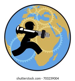 The workers of the mimes expose themselves to the whole world.
A logo of the planet earth with overprint a gear and a silhouette of a worker.