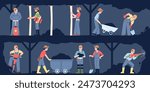 Workers in mine. Miners with tools and in uniform working together underground. Coal extraction in stone tunnel, mining process recent vector scene