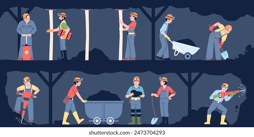 Workers in mine. Miners with tools and in uniform working together underground. Coal extraction in stone tunnel, mining process recent vector scene