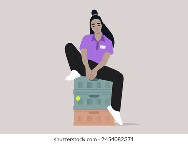 A Workers Moment of Respite Atop Crates, A tranquil moment as an employee takes a break sitting casually on plastic boxes