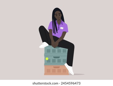 A Workers Moment of Respite Atop Crates, A tranquil moment as an employee takes a break sitting casually on plastic boxes
