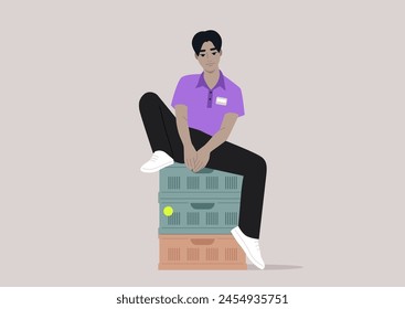 A Workers Moment of Respite Atop Crates, A tranquil moment as an employee takes a break sitting casually on plastic boxes