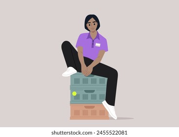 A Workers Moment of Respite Atop Crates, A tranquil moment as an employee takes a break sitting casually on plastic boxes
