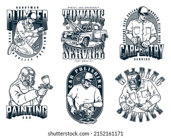 Workers monochrome vintage emblems set with lettering, plumber using pipewrench, truck with lift tow, handyman holding wood plane, welder in mask using torch, detailing specialists with spray gun and