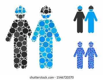 Workers mosaic of small circles in different sizes and shades, based on workers icon. Vector dots are grouped into blue mosaic. Dotted workers icon in usual and blue versions.